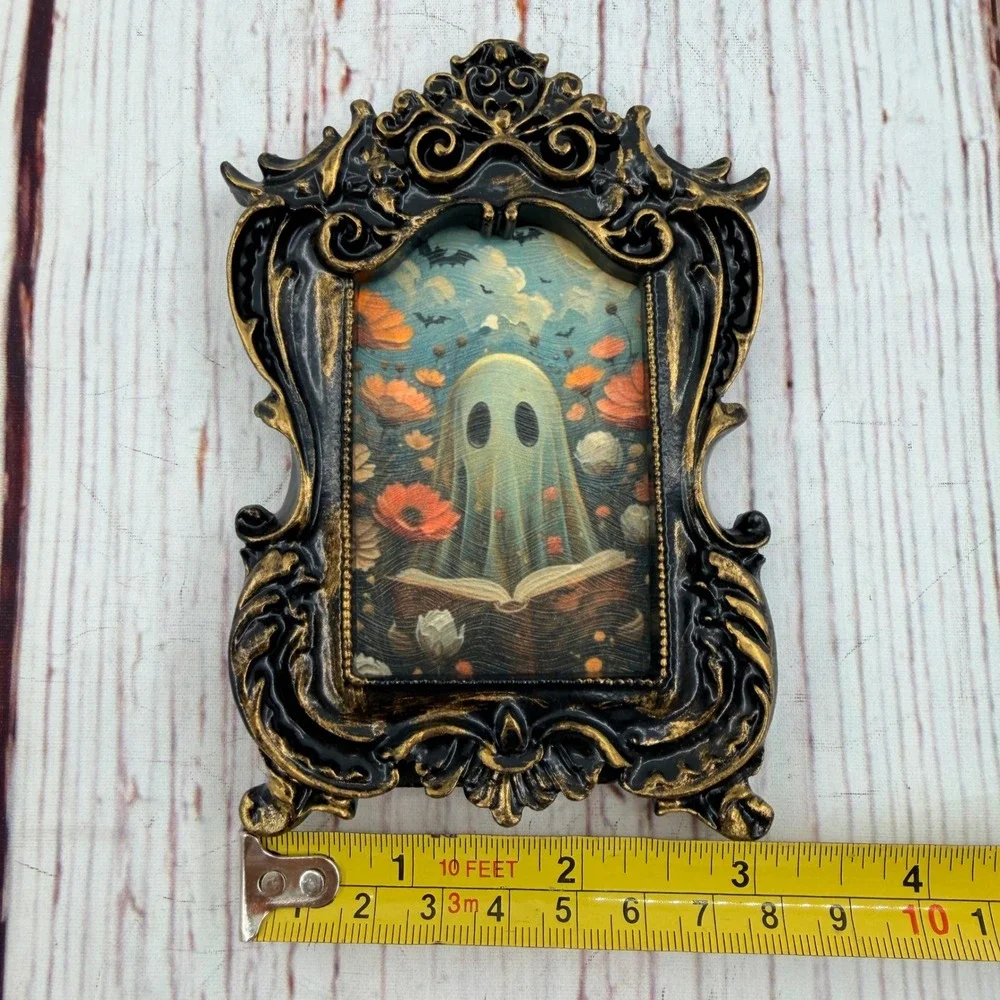 Ghost Reading Book Ornate Gold Black Resin Frame Decoupage Art Print 5in